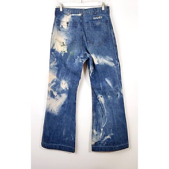 VTG Navy Men's Medium Wash Denim Bleached Bellbottom Flare Jeans Sz 29x30 - Picture 2 of 5